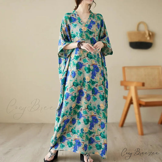 Green Red Cotton Linen Print Batwing Sleeve Retro Boho Dress Green / One Size