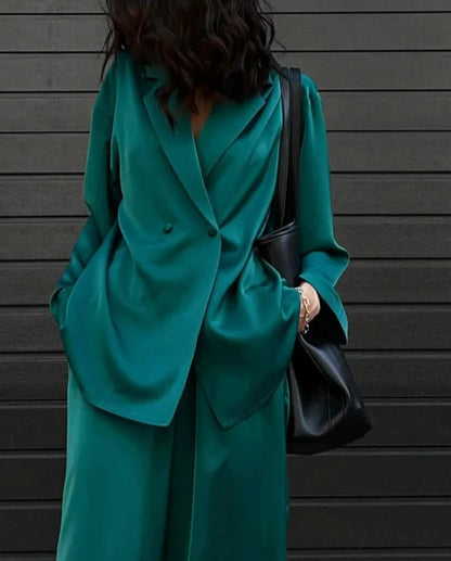 Green Satin High Waist Trousers Office Set officetwopieceset-250223