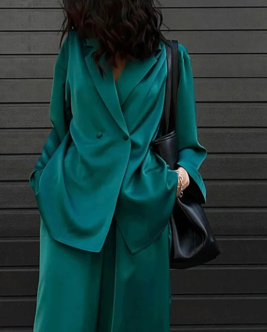 Green Satin High Waist Trousers Office Set officetwopieceset-250223