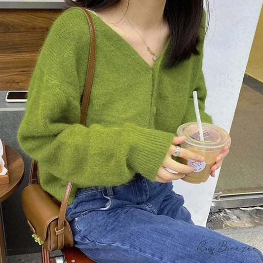Green V-Neck Long Sleeve Single Breasted Knit Cardigan Green / S cardiagn-250126