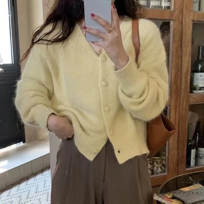 Green V-Neck Long Sleeve Single Breasted Knit Cardigan Yellow / S cardiagn-250126