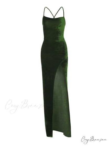 Green Velvet Lace-Up Maxi Dress - Backless Bodycon Christmas Party Dress
