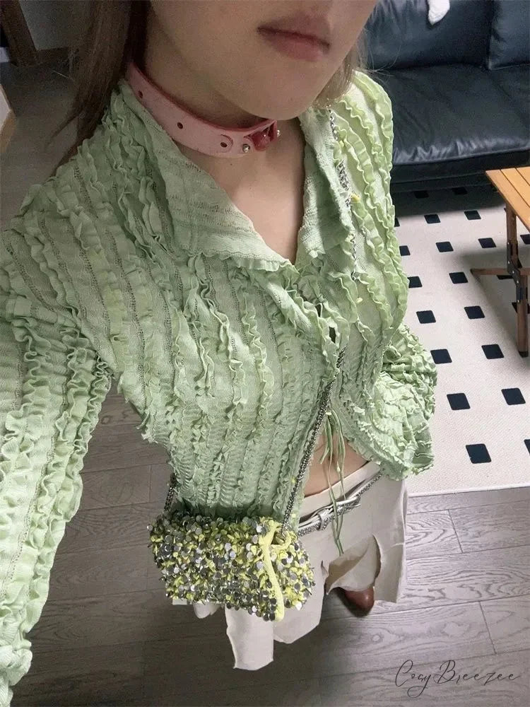 Green Vintage Extended Sleeve Shirt blouse-250223