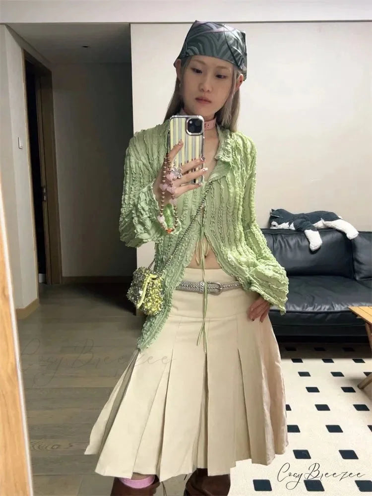 Green Vintage Extended Sleeve Shirt blouse-250223