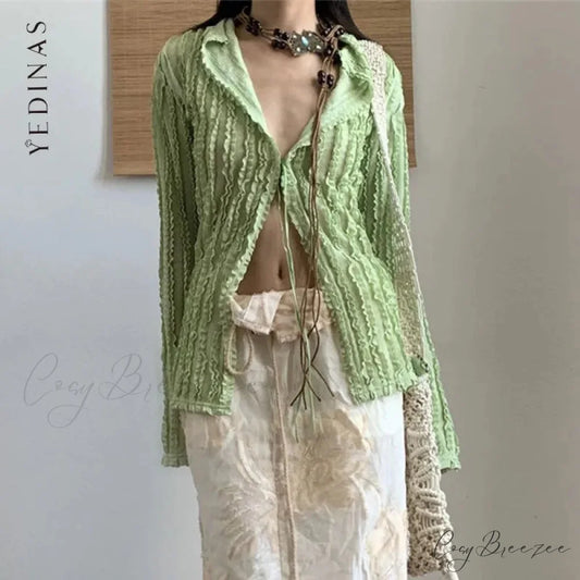 Green Vintage Extended Sleeve Shirt blouse-250223