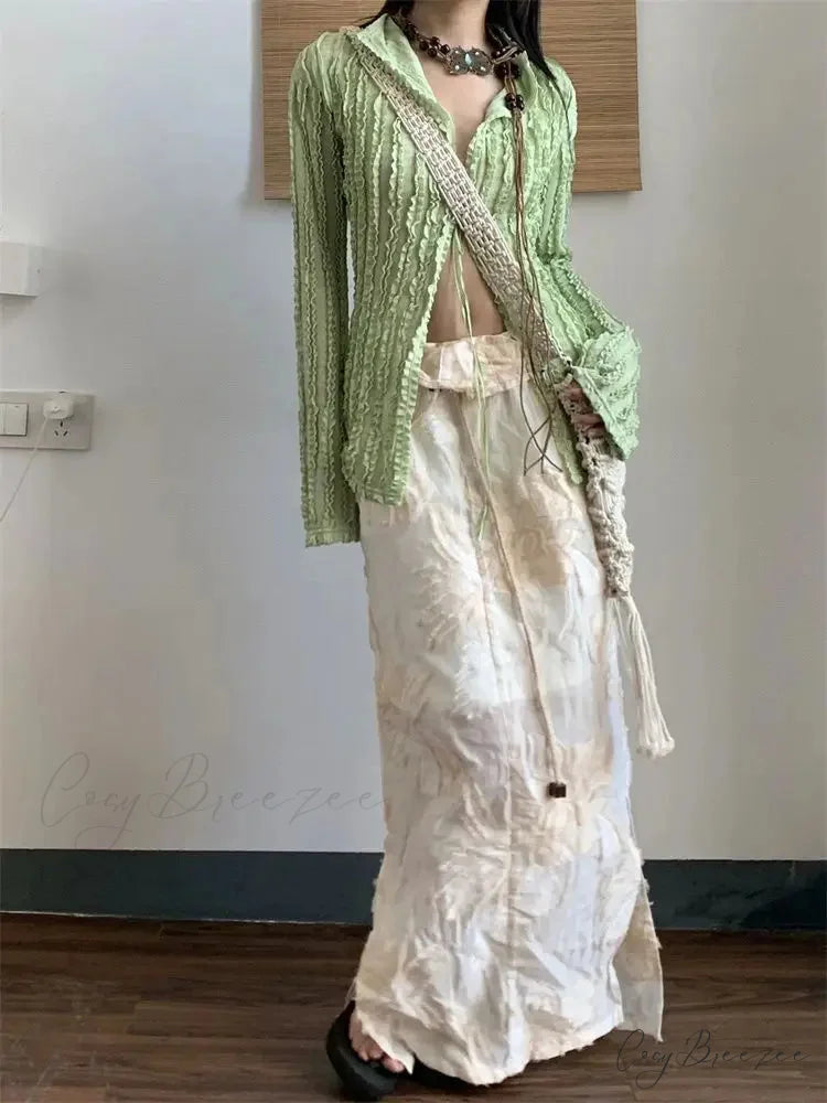 Green Vintage Extended Sleeve Shirt blouse-250223