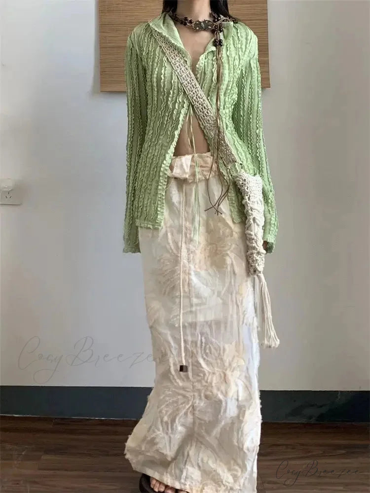 Green Vintage Extended Sleeve Shirt blouse-250223