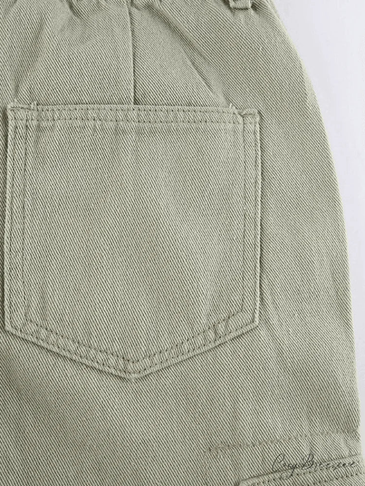 Green Wash Vintage Trendy Straight Cargo Jeans