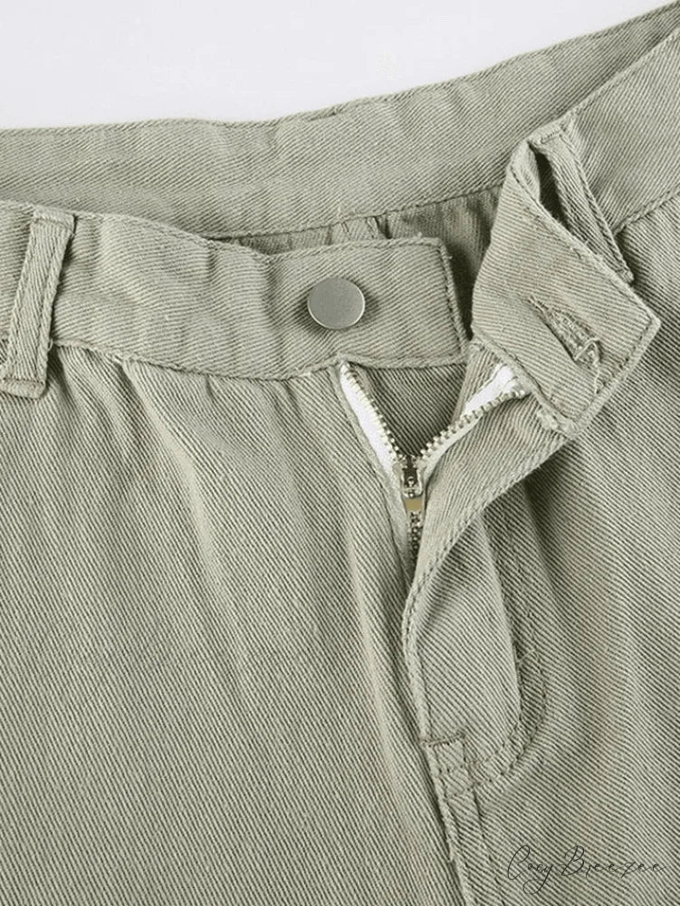Green Wash Vintage Trendy Straight Cargo Jeans