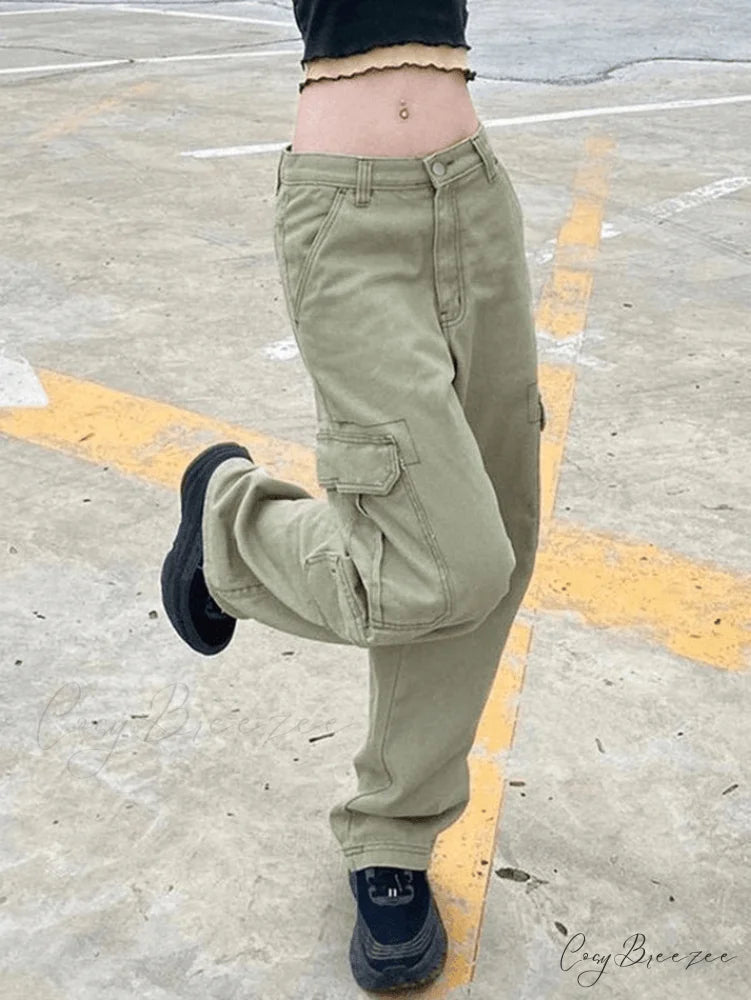 Green Wash Vintage Trendy Straight Cargo Jeans