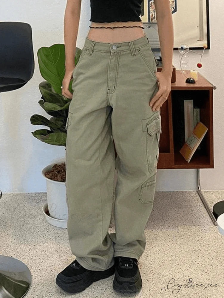 Green Wash Vintage Trendy Straight Cargo Jeans