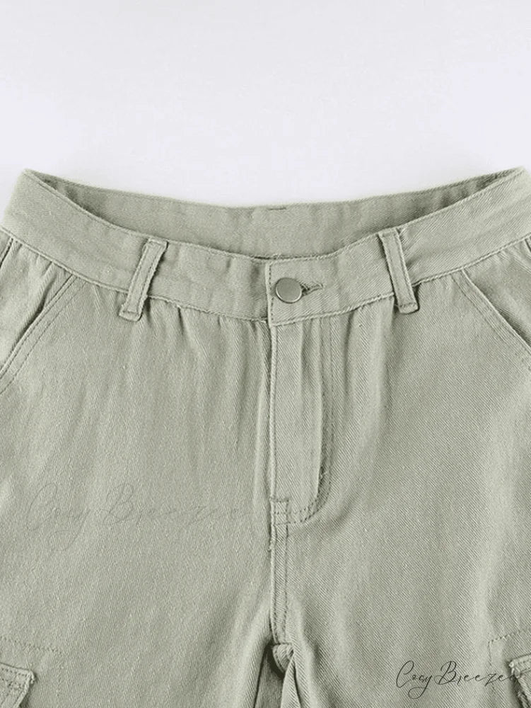 Green Wash Vintage Trendy Straight Cargo Jeans