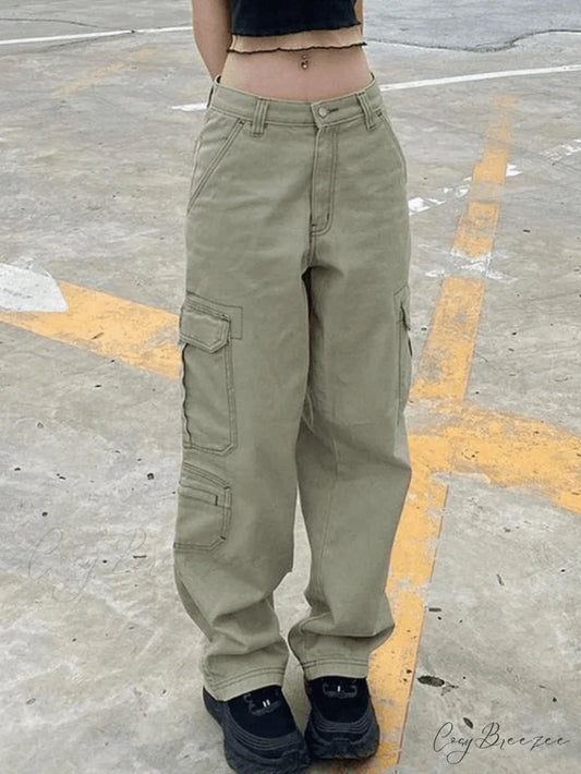 Green Wash Vintage Trendy Straight Cargo Jeans Green / S