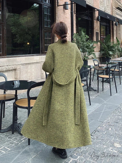 Green Wool Lapel Double-Breasted Coat overcoats-241228