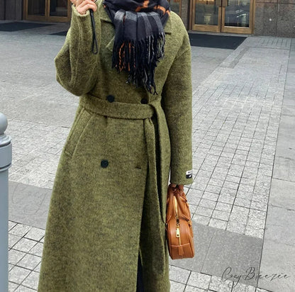 Green Wool Lapel Double-Breasted Coat overcoats-241228