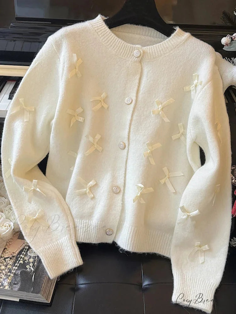 Grey Bow O-neck Cardigan Beige / One Size