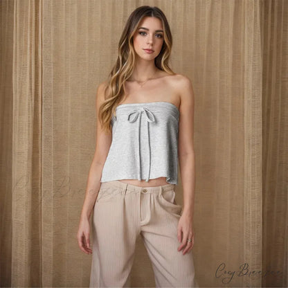 Grey Bow Tube Charming Jersey Crop Top