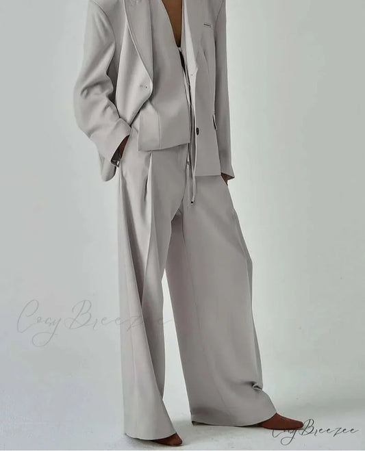 Grey Button Shirt Lace-Up Pants Office Set GRAY / S officetwopieceset-250223
