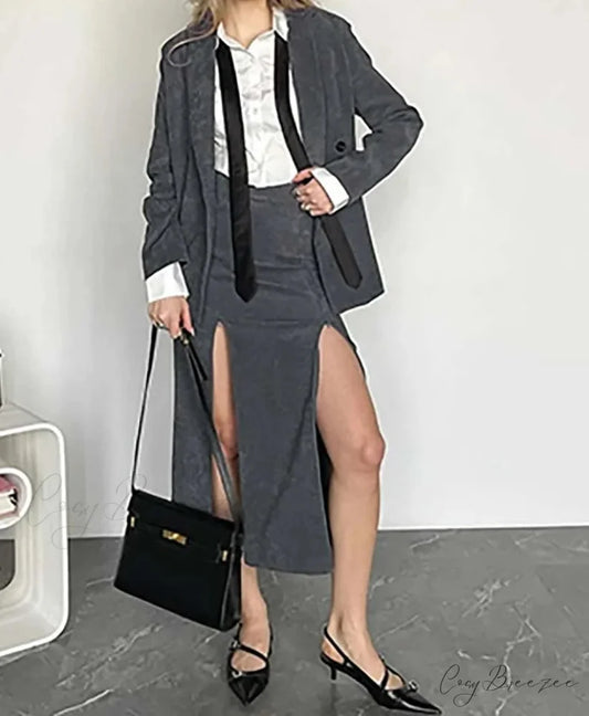 Grey Double Breasted Side Slit Office Set GRAY / S officetwopieceset-250223