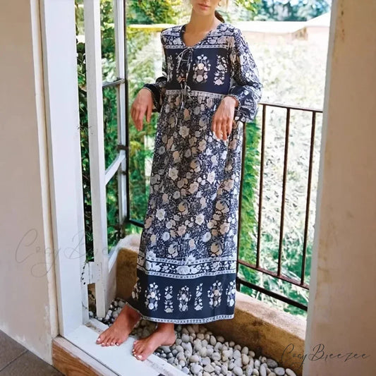 Grey Floral Print Lantern Sleeve Tassel Vintage Maxi Dress Grey / S bohodress-250126