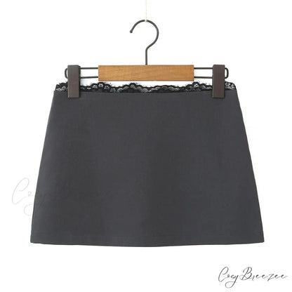 Grey Lace Trim Charming Solid Mini Skirt