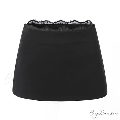 Grey Lace Trim Charming Solid Mini Skirt Black / S