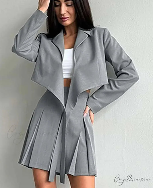 Grey Lace-Up Pleated Mini Office Set GRAY / S officetwopieceset-250223