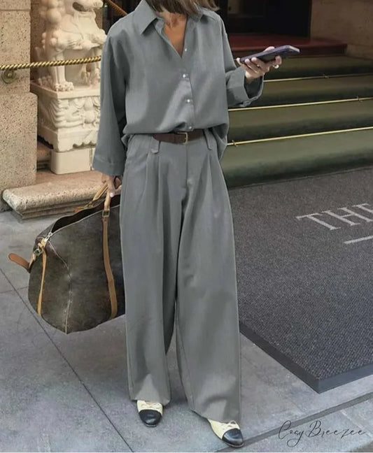 Grey Lapel Button Simple Trousers Office Set GRAY / S officetwopieceset-250223
