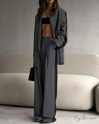 Grey Patchwork Blazer Trousers Office Set officetwopieceset-250223