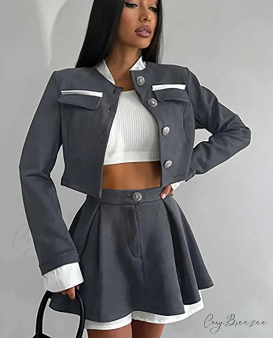 Grey Patchwork Crop Pleated Mini Office Set GRAY / S officetwopieceset-250223