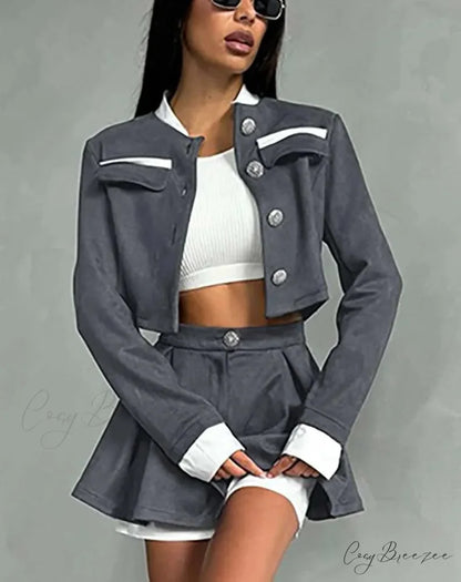 Grey Patchwork Crop Pleated Mini Office Set officetwopieceset-250223