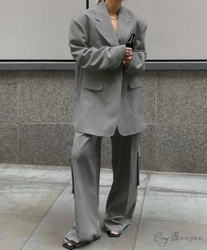 Grey Pocket Shirt Cargo Pants Office Set GRAY / S officetwopieceset-250223