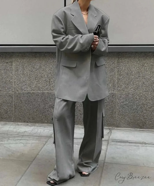 Grey Pocket Shirt Cargo Pants Office Set GRAY / S officetwopieceset-250223
