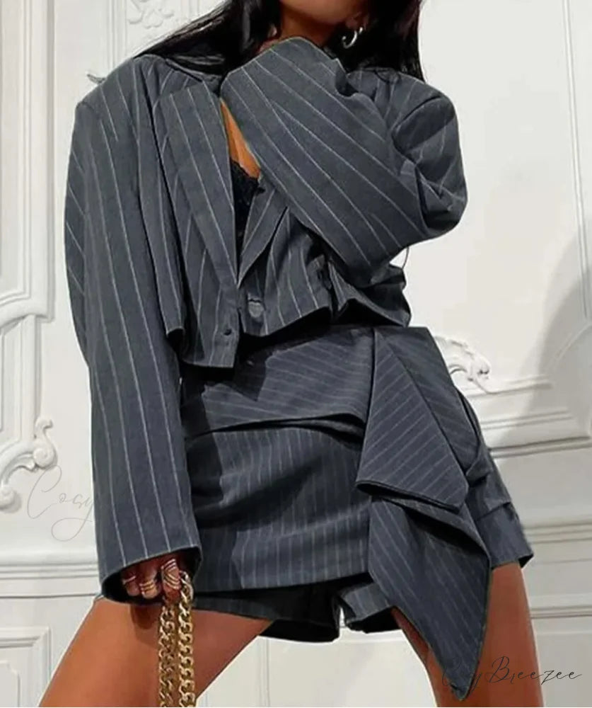 Grey Print Double Breasted Shorts Office Set officetwopieceset-250223