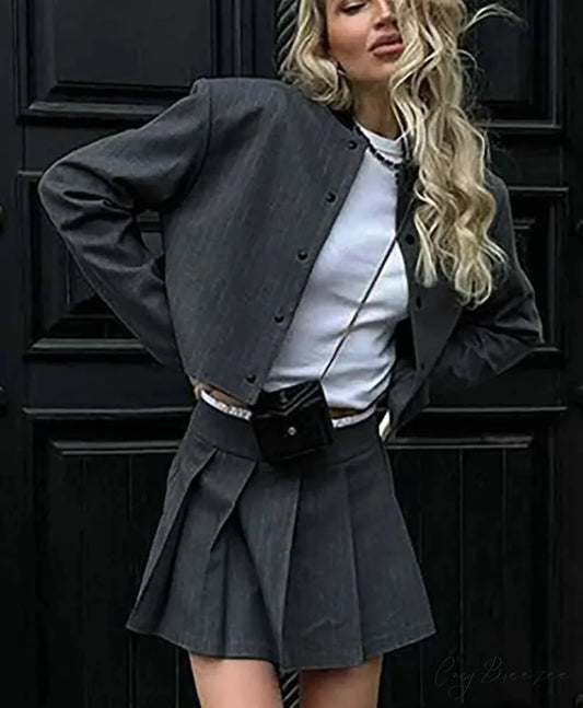 Grey Print O-Neck Pleated Mini Office Set GRAY / S officetwopieceset-250223
