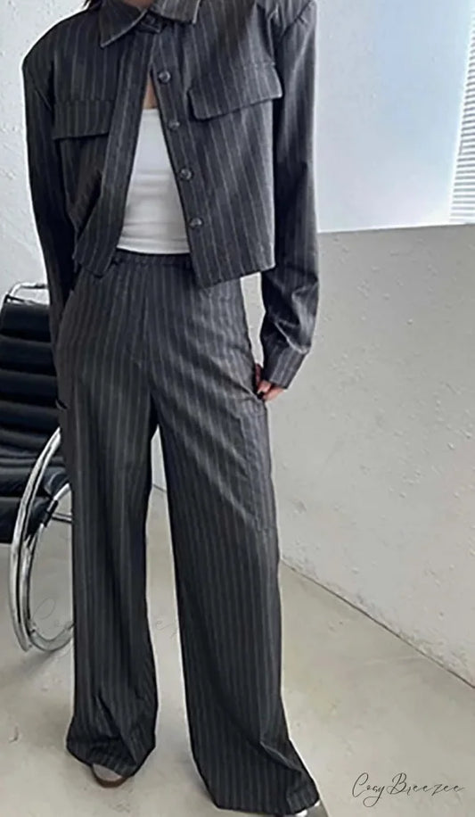 Grey Print Pockets Button Pants Office Set GRAY / S officetwopieceset-250223