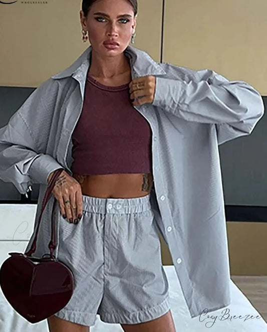 Grey Print Single Breasted Shorts Office Set GRAY / S officetwopieceset-250223