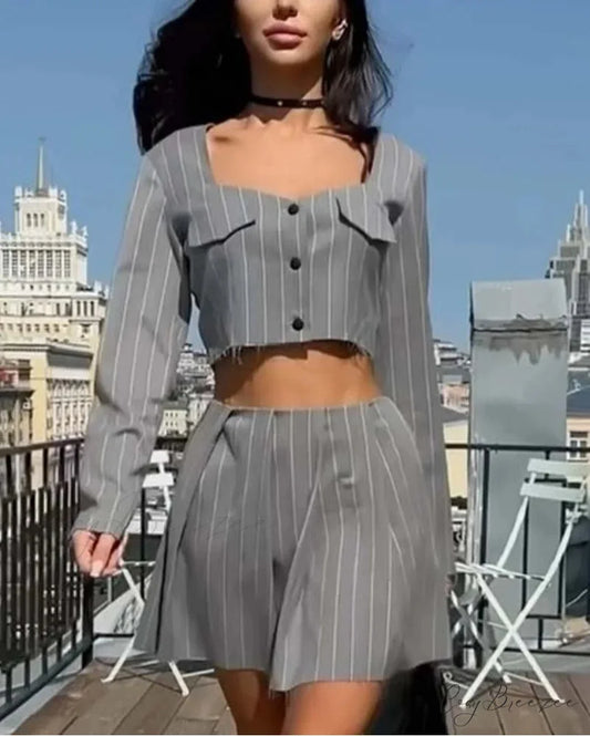 Grey Print V-Neck Crop Pleated Office Set GRAY / S officetwopieceset-250223