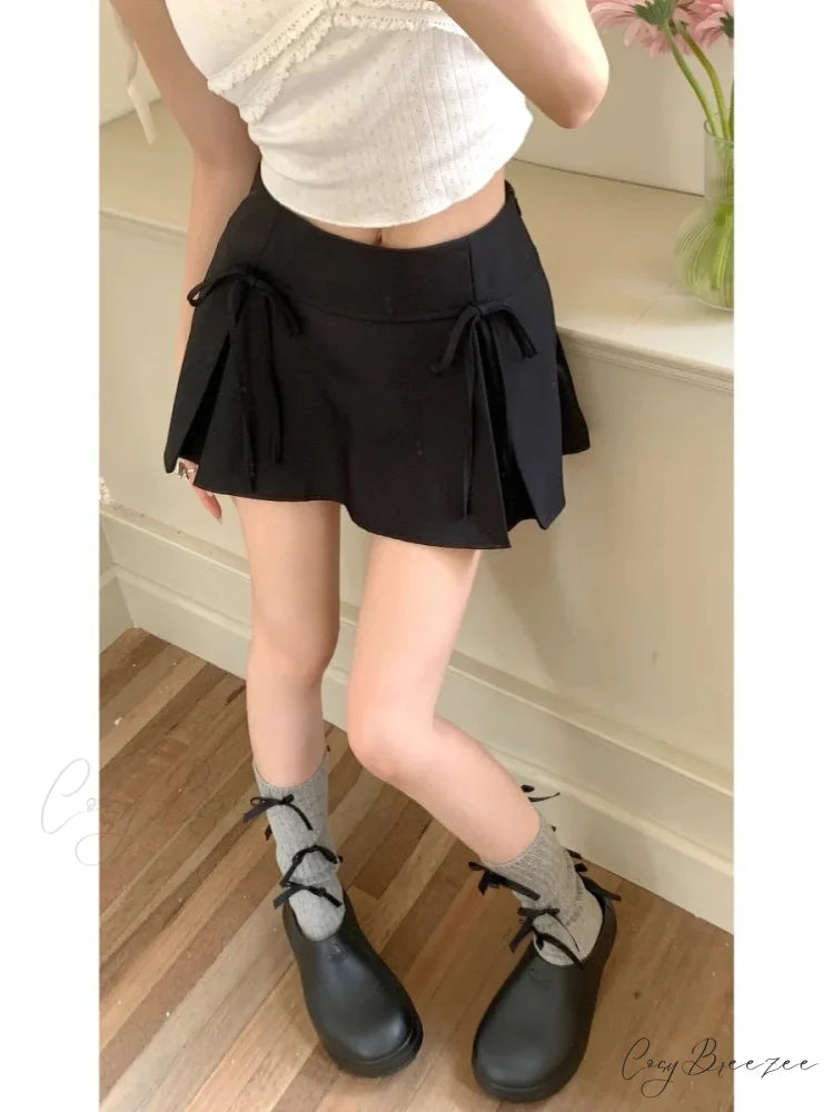 Grey Ribbon Pleated Vintage Skirt Black / XS skirts-250223