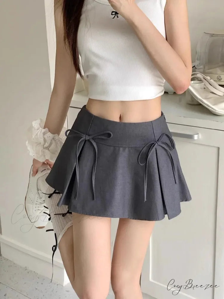 Grey Ribbon Pleated Vintage Skirt skirts-250223