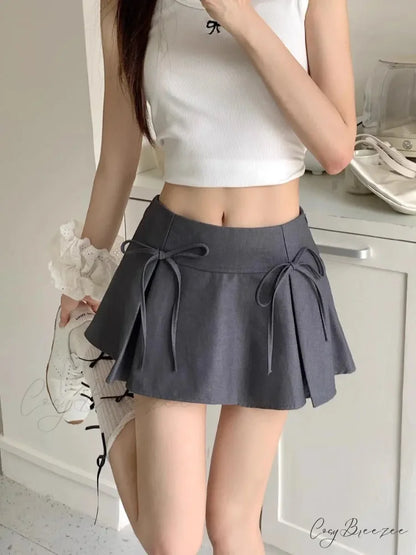 Grey Ribbon Pleated Vintage Skirt skirts-250223