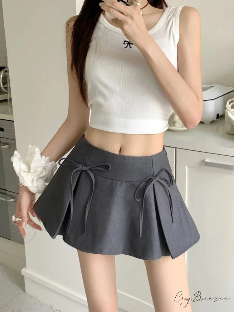 Grey Ribbon Pleated Vintage Skirt skirts-250223