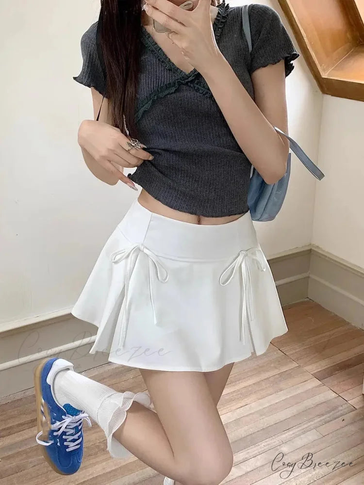 Grey Ribbon Pleated Vintage Skirt White / XS skirts-250223