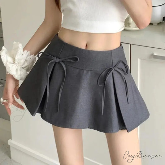 Grey Ribbon Pleated Vintage Skirt Grey / XS skirts-250223