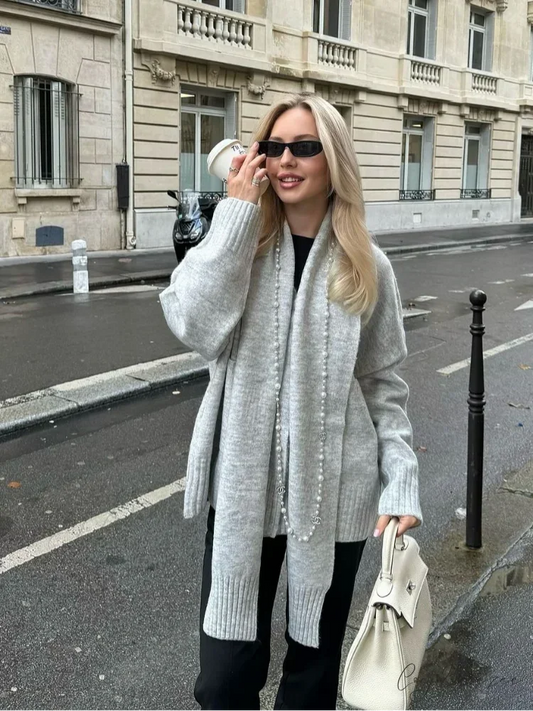 Grey Scarf Collar Loose Cashmere Cardigan cardigans-241228
