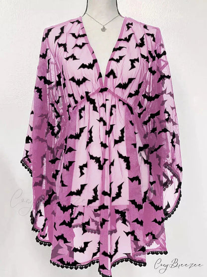 Grunge Aesthetic See Through Black Goth Lace E-Girls Chiffon Graphic Bat Night Club Dress