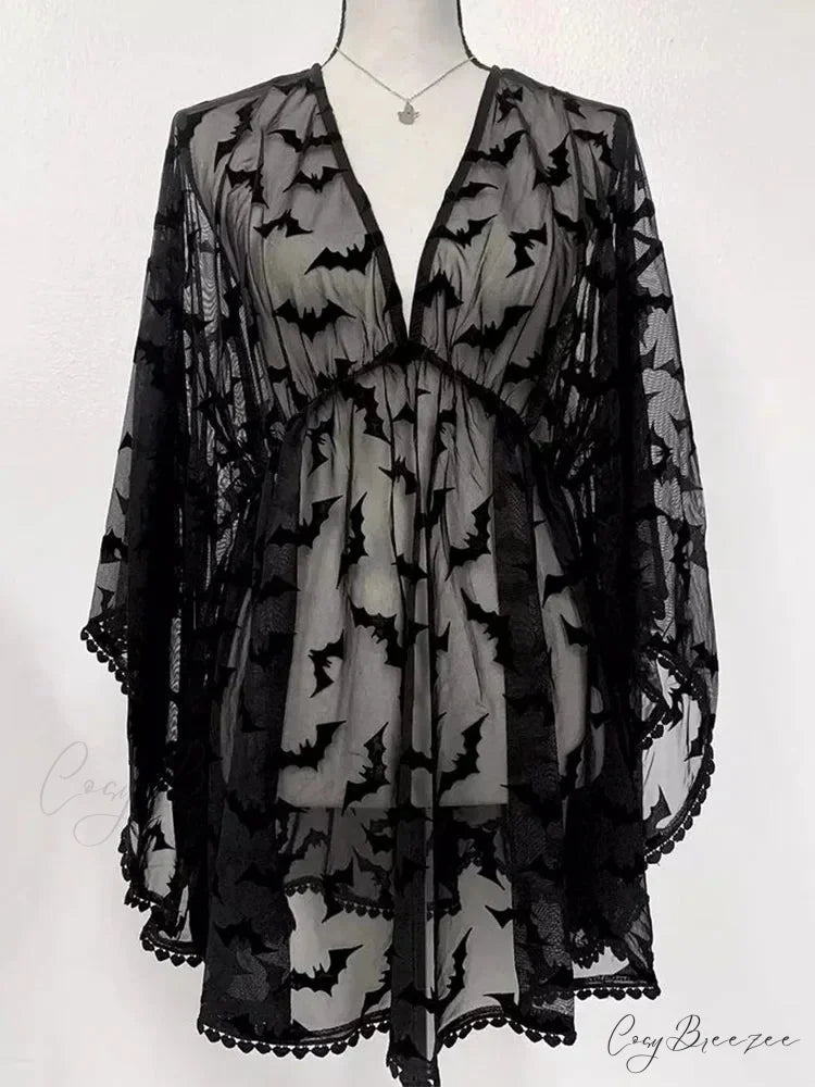 Grunge Aesthetic See Through Black Goth Lace E-Girls Chiffon Graphic Bat Night Club Dress Black / S