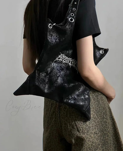 Grunge Black Gothic Dark PU Leather Large Capacity Vintage Rivet Messenger Bag Black
