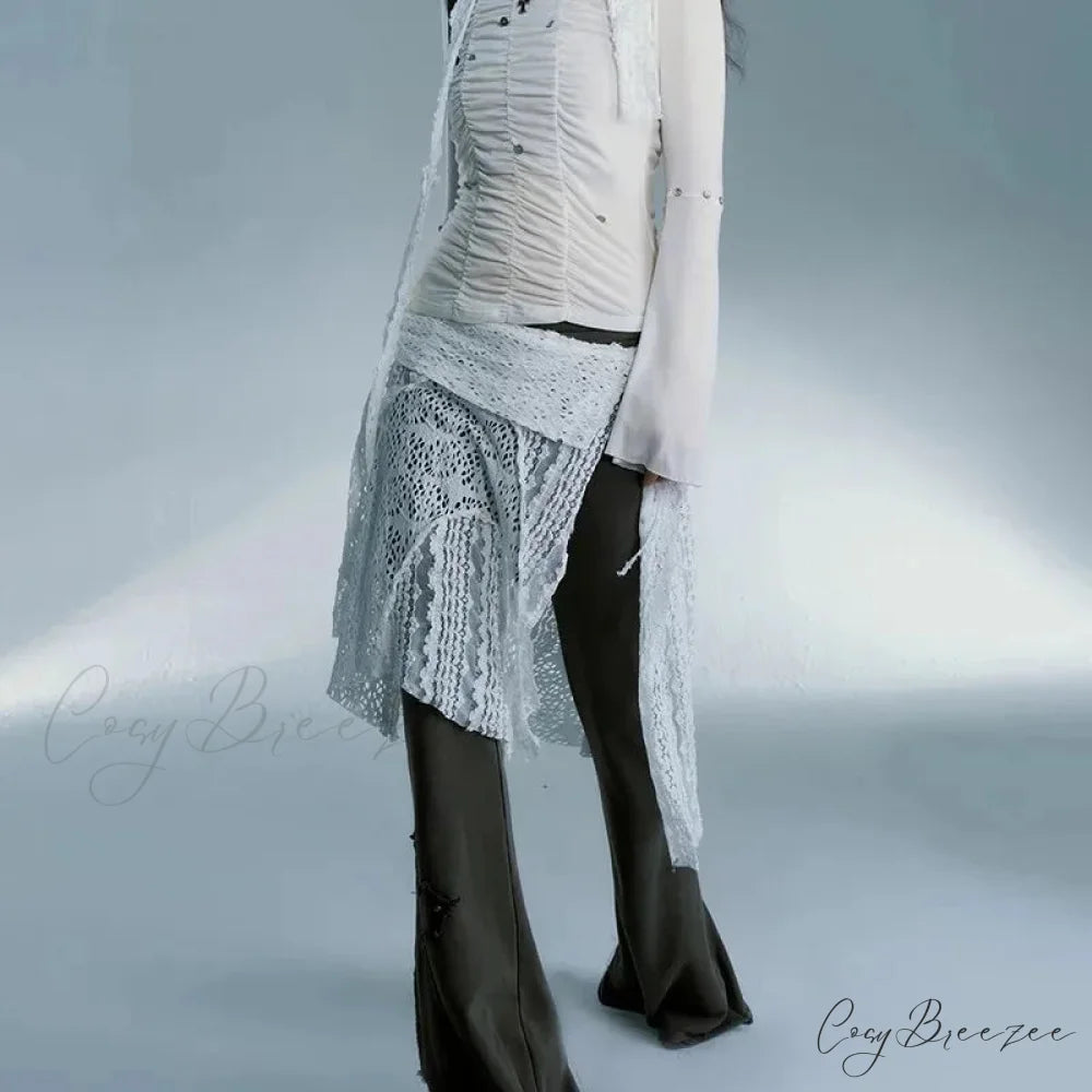 Grunge Lace Irregular Tulle Patchwork Streetwear Skirt White / One Size
