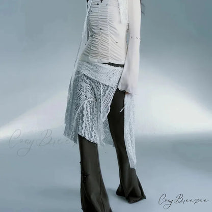 Grunge Lace Irregular Tulle Patchwork Streetwear Skirt White / One Size